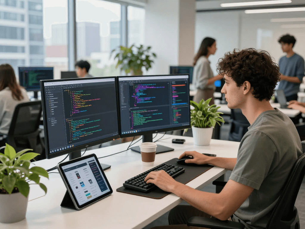 Ambiente de trabalho multicanais moderno, desenvolvedor de software concentrado em código e design de aplicativos.