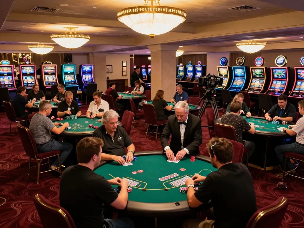 Experience vibrant gameplay at HBET casino with players engaging at green felt poker tables.