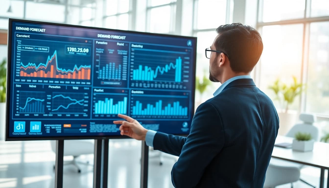 Visual representation of demand forecasting with an analyst reviewing data on digital screens.