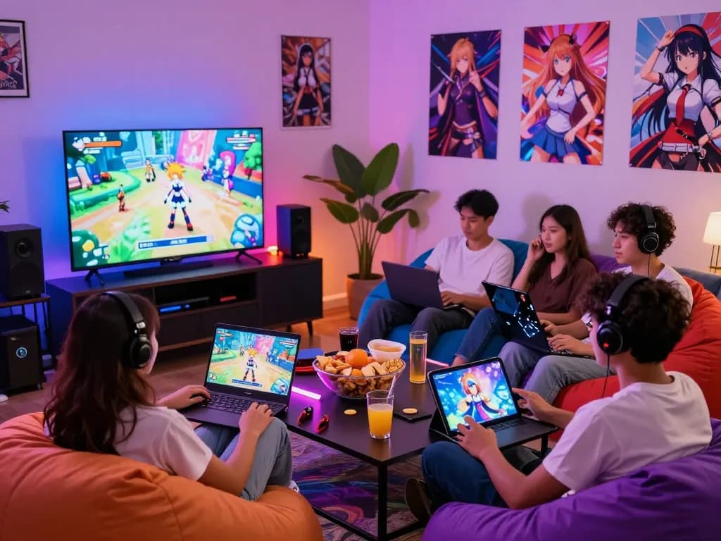 Friends engaged in exciting hentai game session with colorful gaming setup