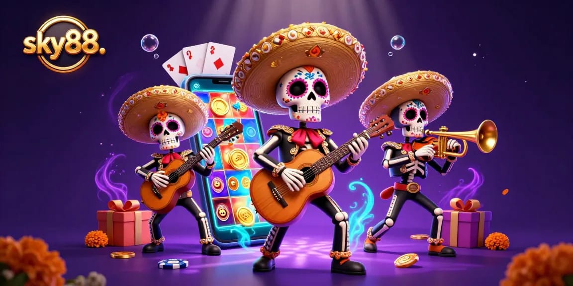 Engage in thrilling gameplay at sky88. with a vibrant Day of the Dead casino scene featuring mariachi skeletons.