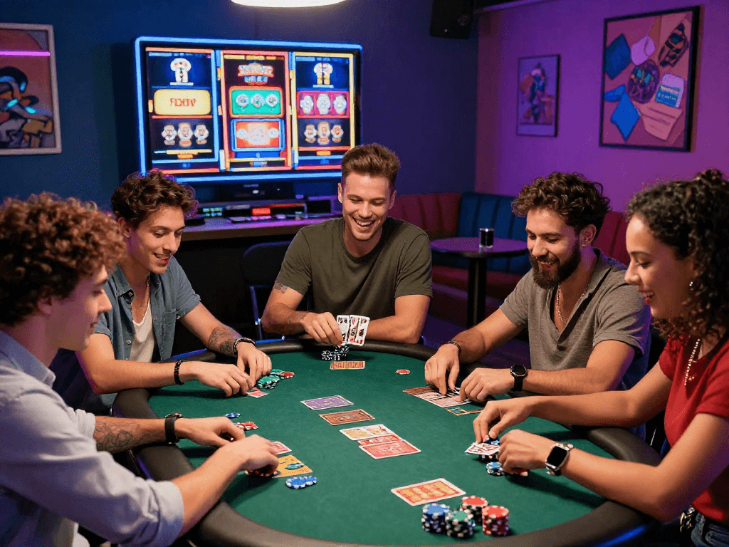 Exciting friends enjoying vin88 casino games around a colorful table in a lively environment.