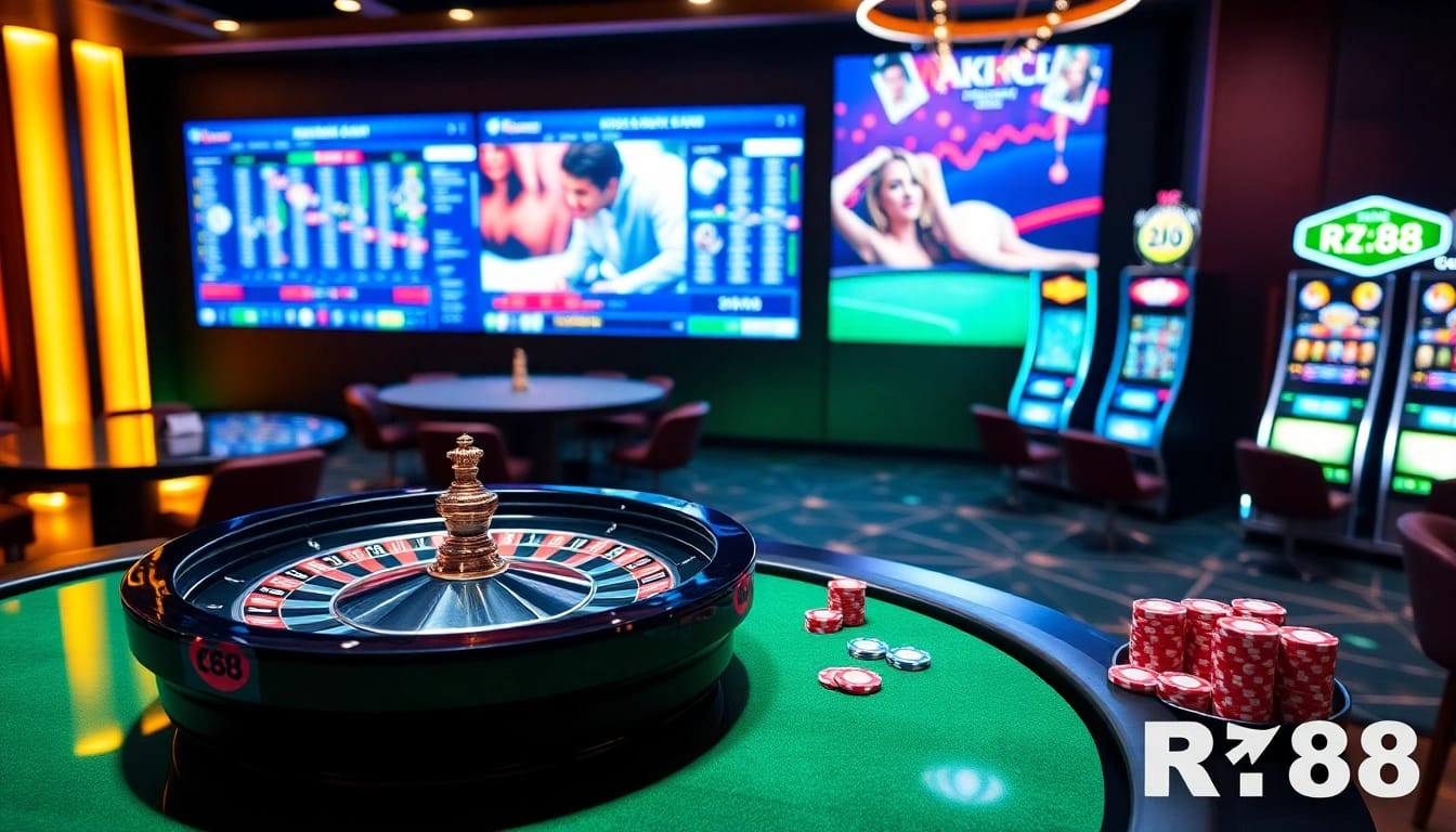 RR88 gamblers placing bets at a glamorous casino table with colorful poker chips.