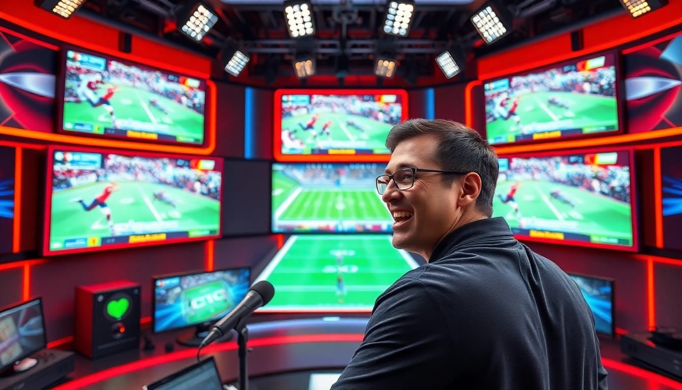 Sports Broadcasting studio with a passionate analyst discussing live game footage and analysis.