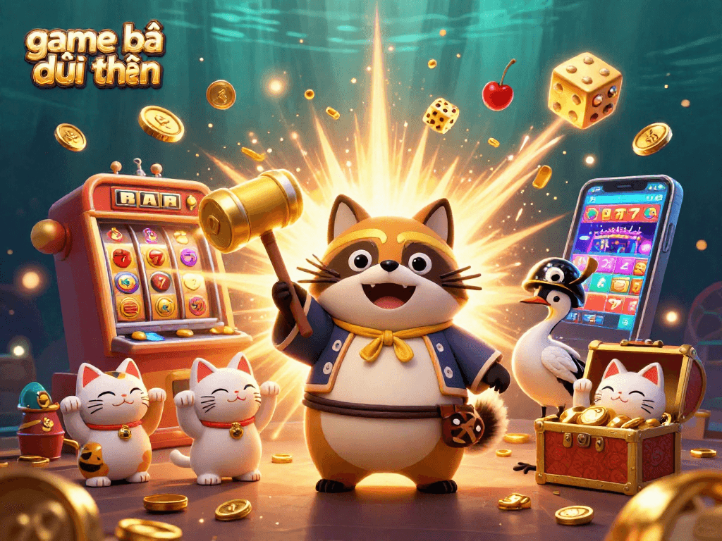 Experience game bài đổi thưởng with a lucky tanuki, cranes, and fortune cats amidst dynamic casino elements.