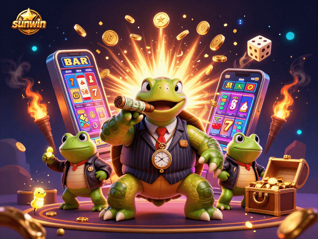 Experience thrilling wins at sunwin with our vibrant 3D scene filled with casino excitement and winning symbols.
