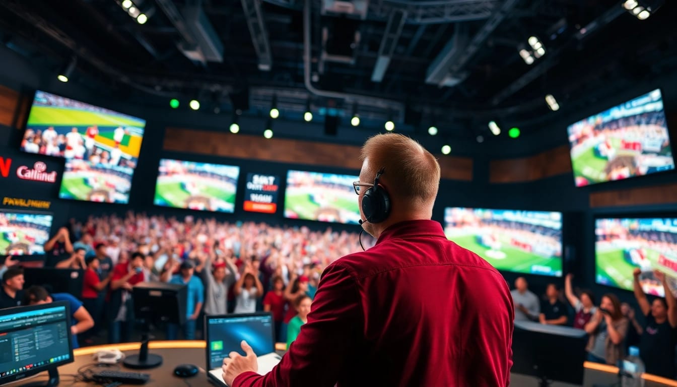 Engaging sports broadcasting setup showcasing a dynamic commentator discussing an exciting game.