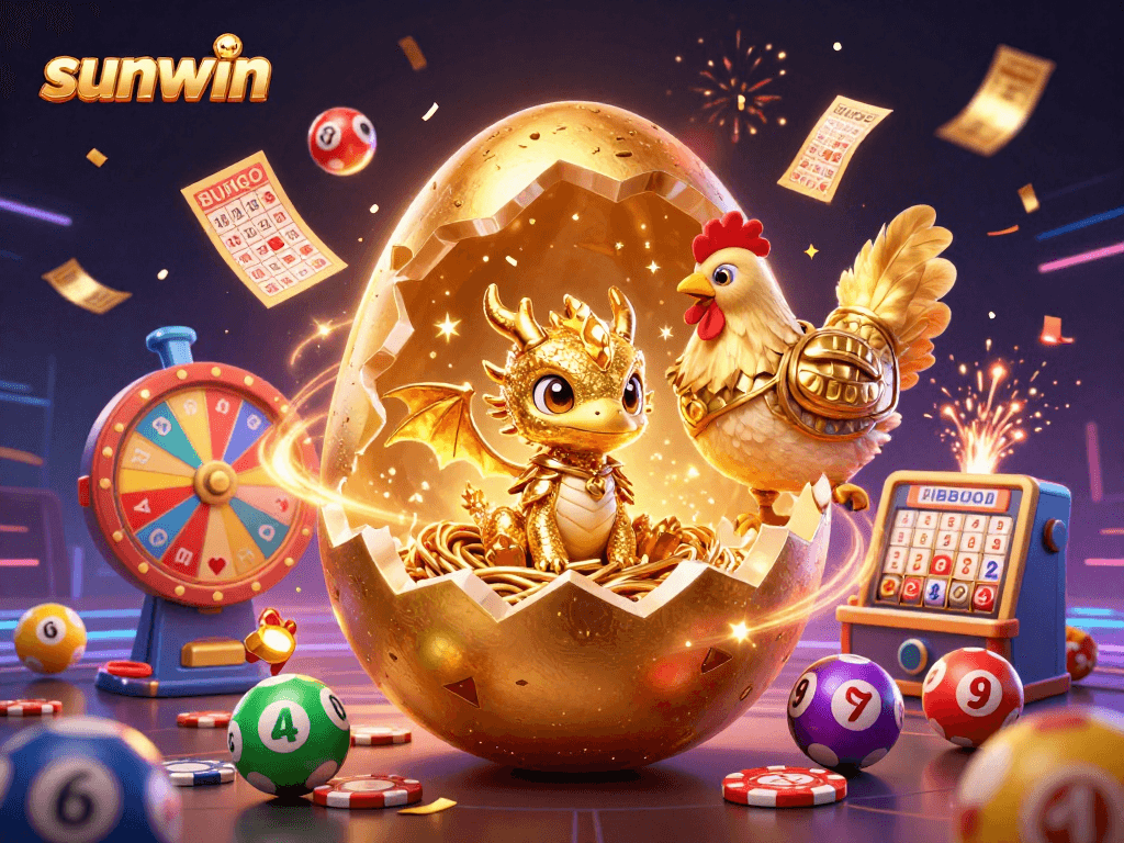 Experience the thrill of sunwin with a vibrant lottery scene featuring a golden dragon, poker chips, and colorful elements.