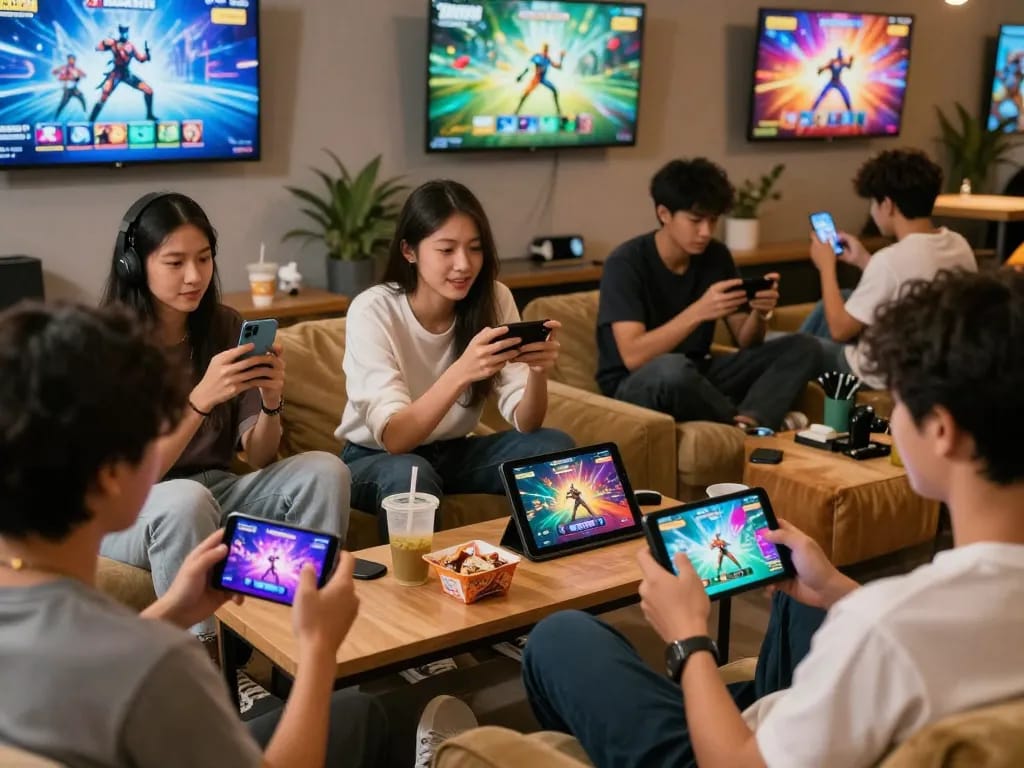 Engaged players enjoying a mobile porn game in a cozy lounge setting with vibrant graphics.