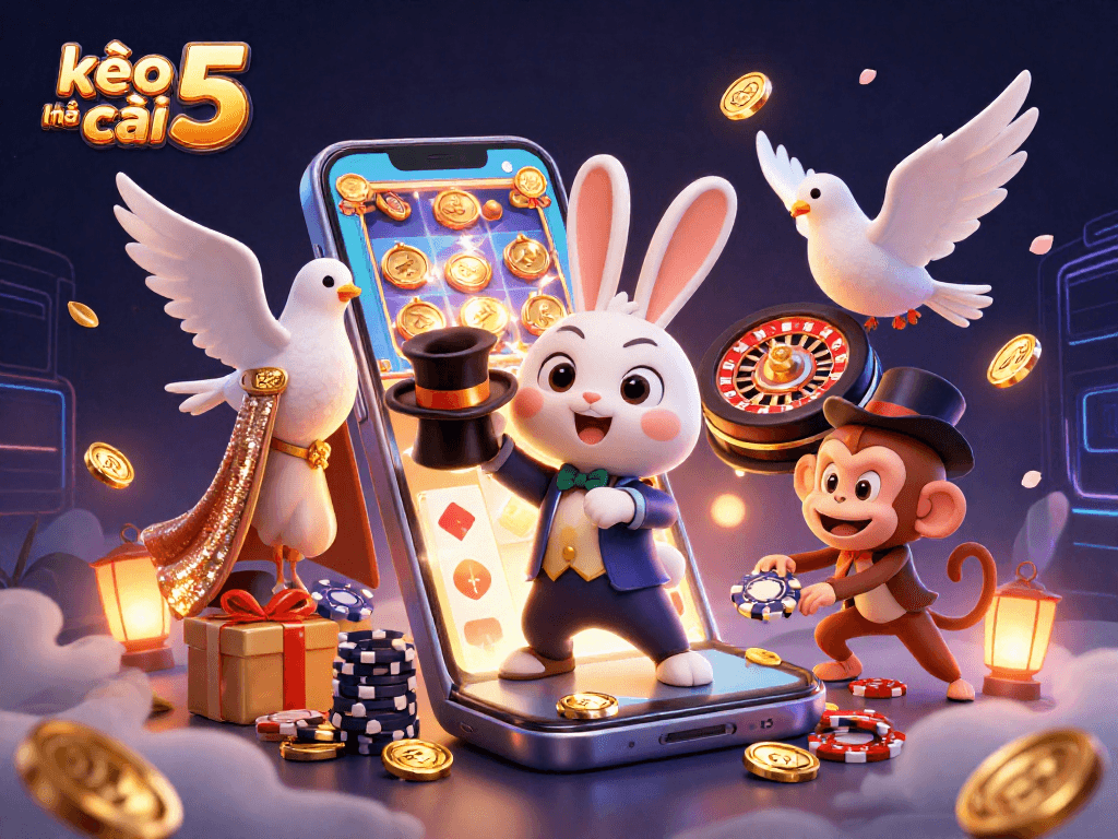 Bet on excitement with kèo nhà cái 5 in this dynamic casino scene featuring a magical rabbit.