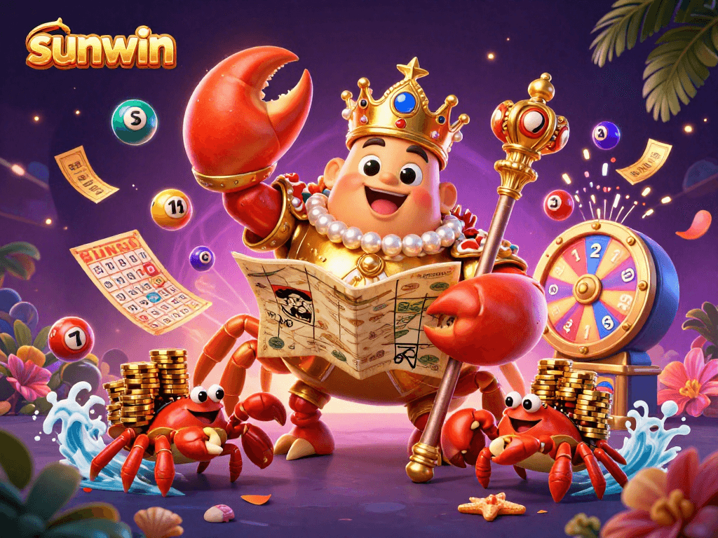 Engage with sunwin's dynamic gaming experience featuring a golden crab emperor surrounded by exciting lottery elements.