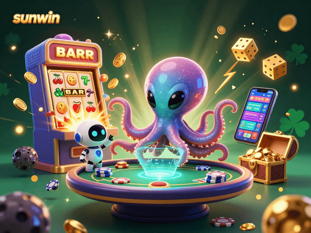 sunwin showcases a 3D alien octopus operating a poker table amid bright casino elements, perfect for players.