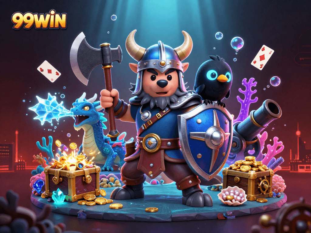 Spin the reels at 99WIN's vibrant casino scene featuring heroes and treasures.