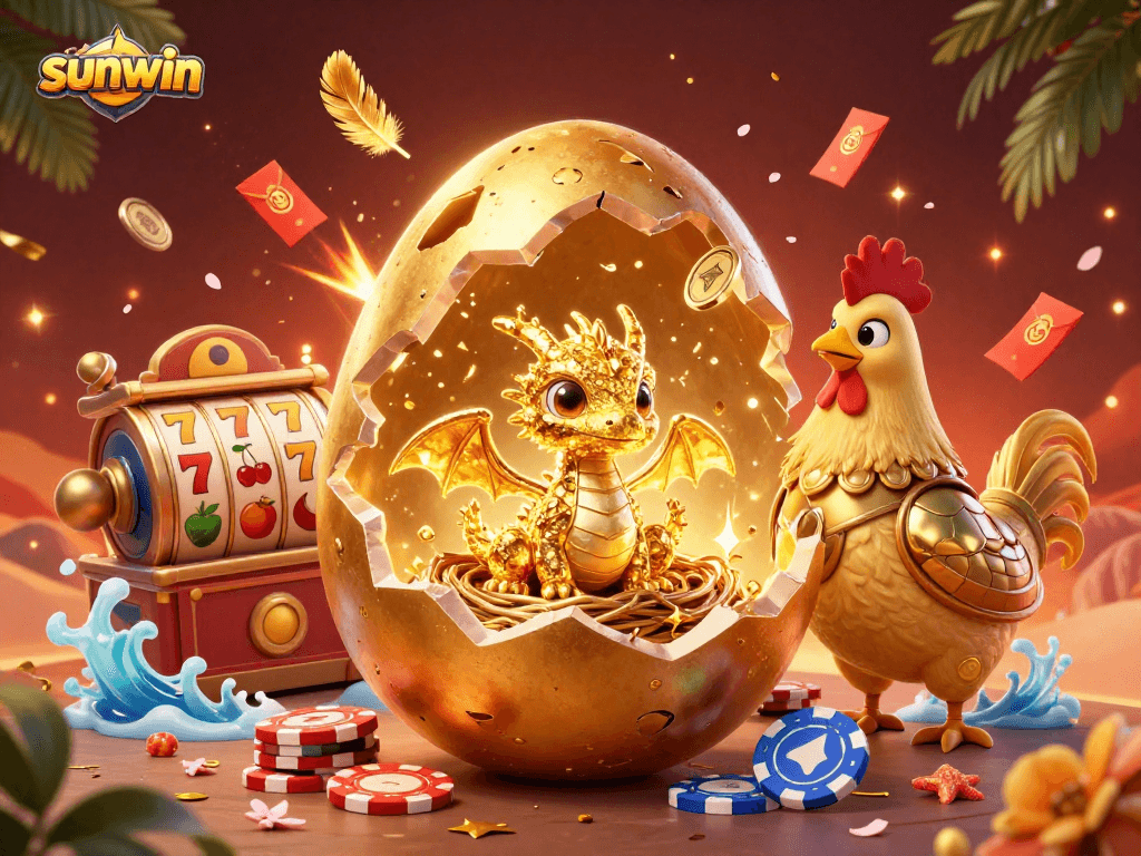 Experience captivating gaming adventures with sunwin's stunning golden dragon, poker chips, and slot reels.