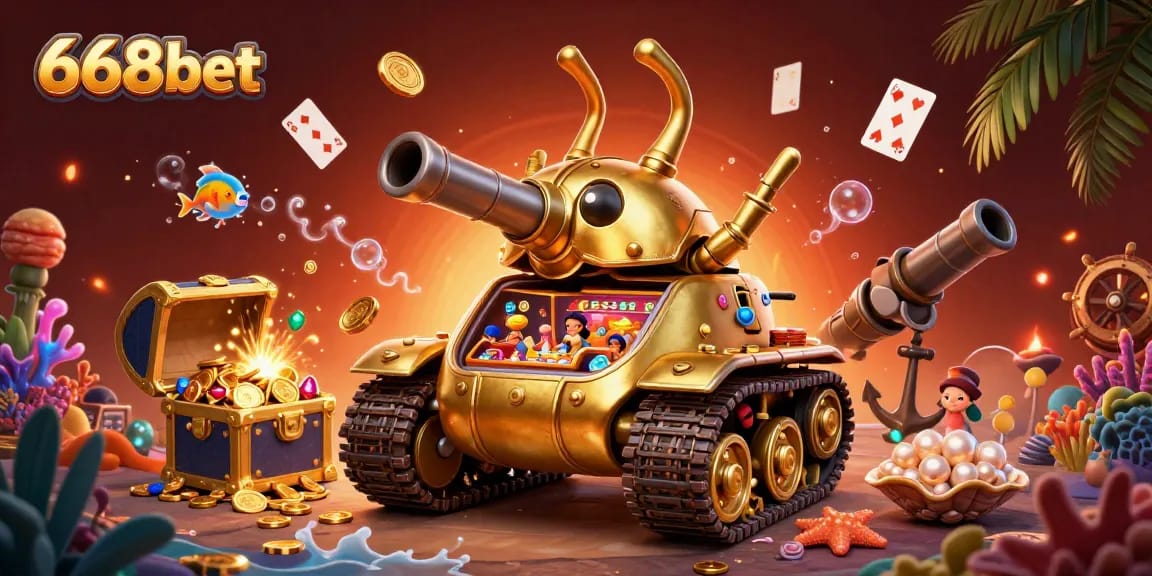 Engage with 668bet's vibrant casino experience featuring a golden beetle tank, games, and treasures.