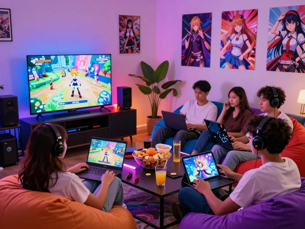 Friends engaged in exciting hentai game session with colorful gaming setup