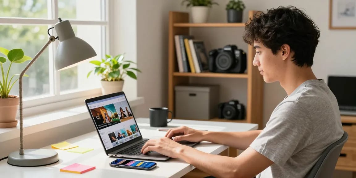 Baixar video mp4 em um moderno escritório em casa com laptop e smartphone.