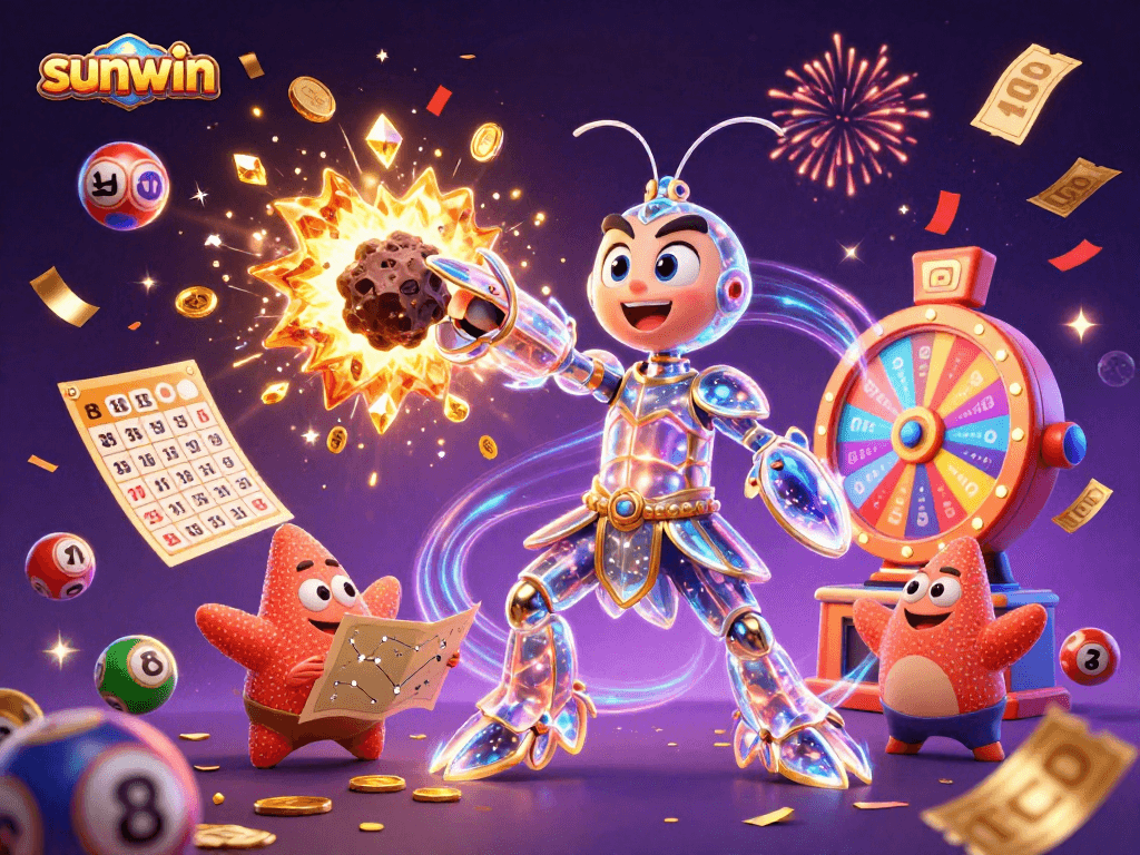 Experience thrilling wins with sunwin's vibrant casino illustration featuring galactic characters.