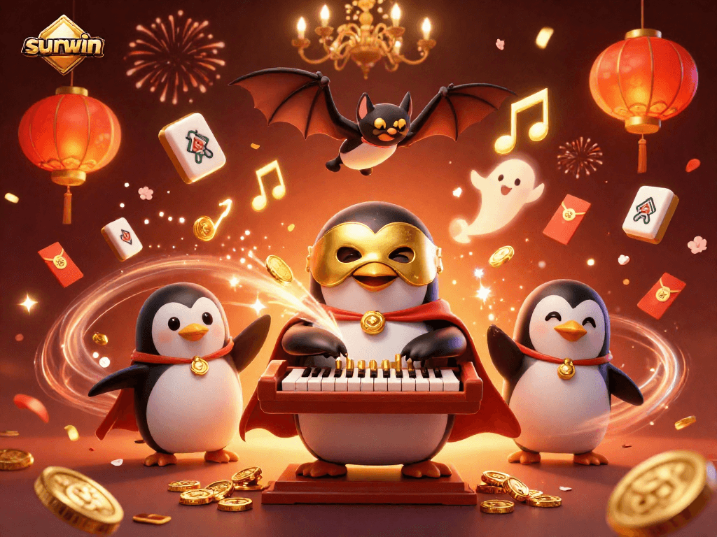 sunwin penguin playing organ while flying tiles and lucky symbols create an exciting casino scene