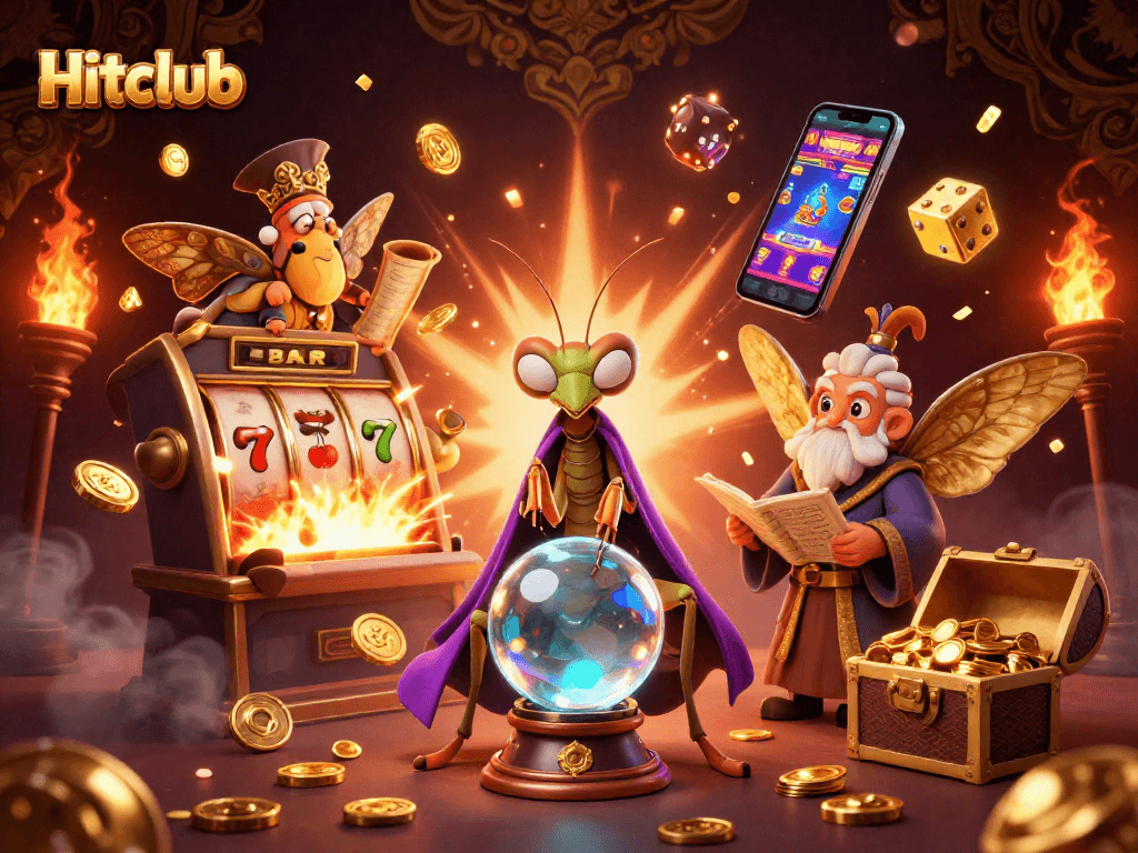 Engage in Hitclub's vibrant world with a mystical fortune teller and dynamic casino elements.