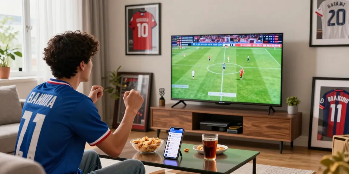 Enthusiastic viewer enjoying sports with Bolakami app on TV