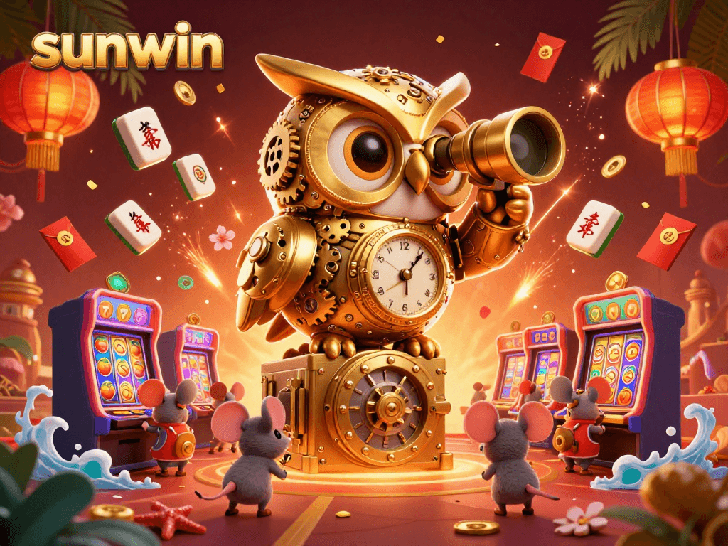 Engage with sunwin's vibrant casino scene showcasing a golden owl and lively slots action.