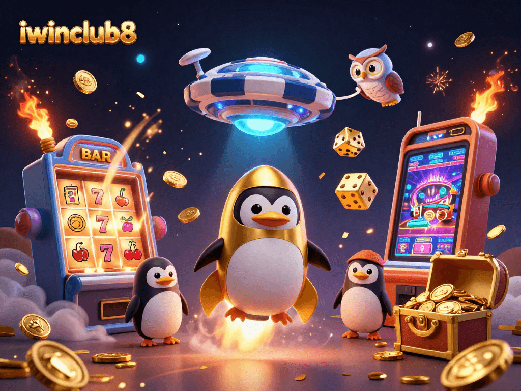 Experience the thrill of iwinclub8 with a vibrant 3D scene featuring a golden penguin and a jackpot explosion.