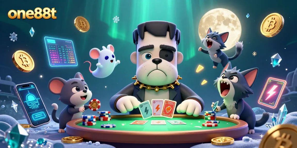 Bet on one88t with a cartoon Frankenstein bulldog monster, ghost mouse, and werewolf kitten in a vibrant casino scene.