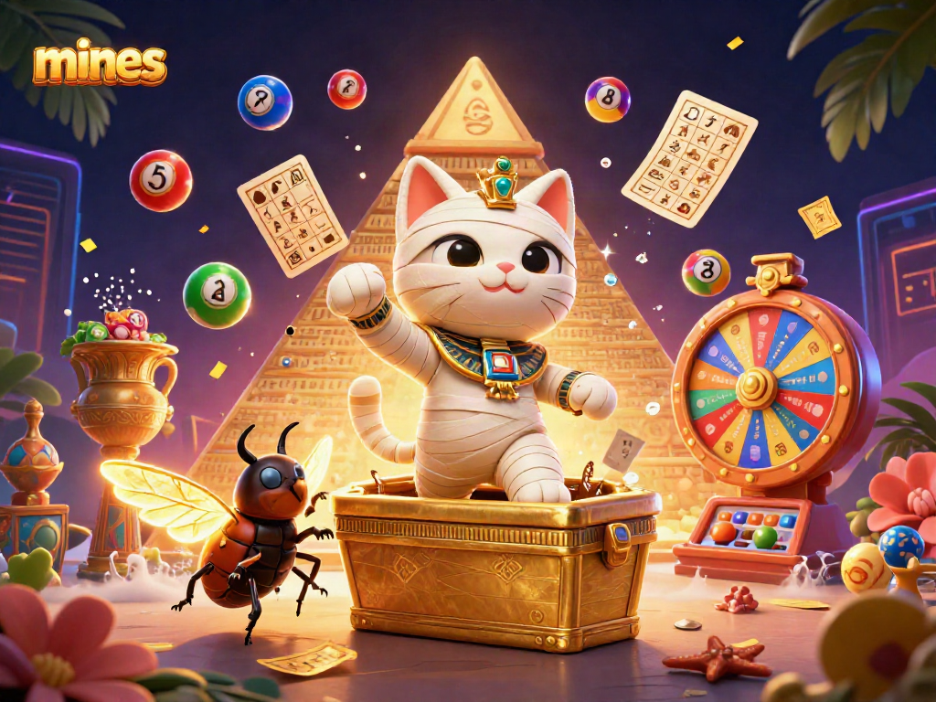 Engage in thrilling mines gaming with the Egyptian mummy cat and a glowing scarab beetle amidst vibrant casino elements.