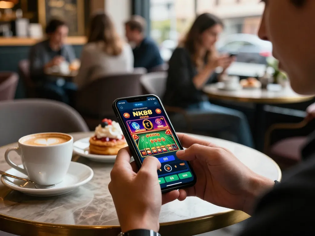 Engaging with the NK88 app on a smartphone for online gaming in a cozy cafe setting