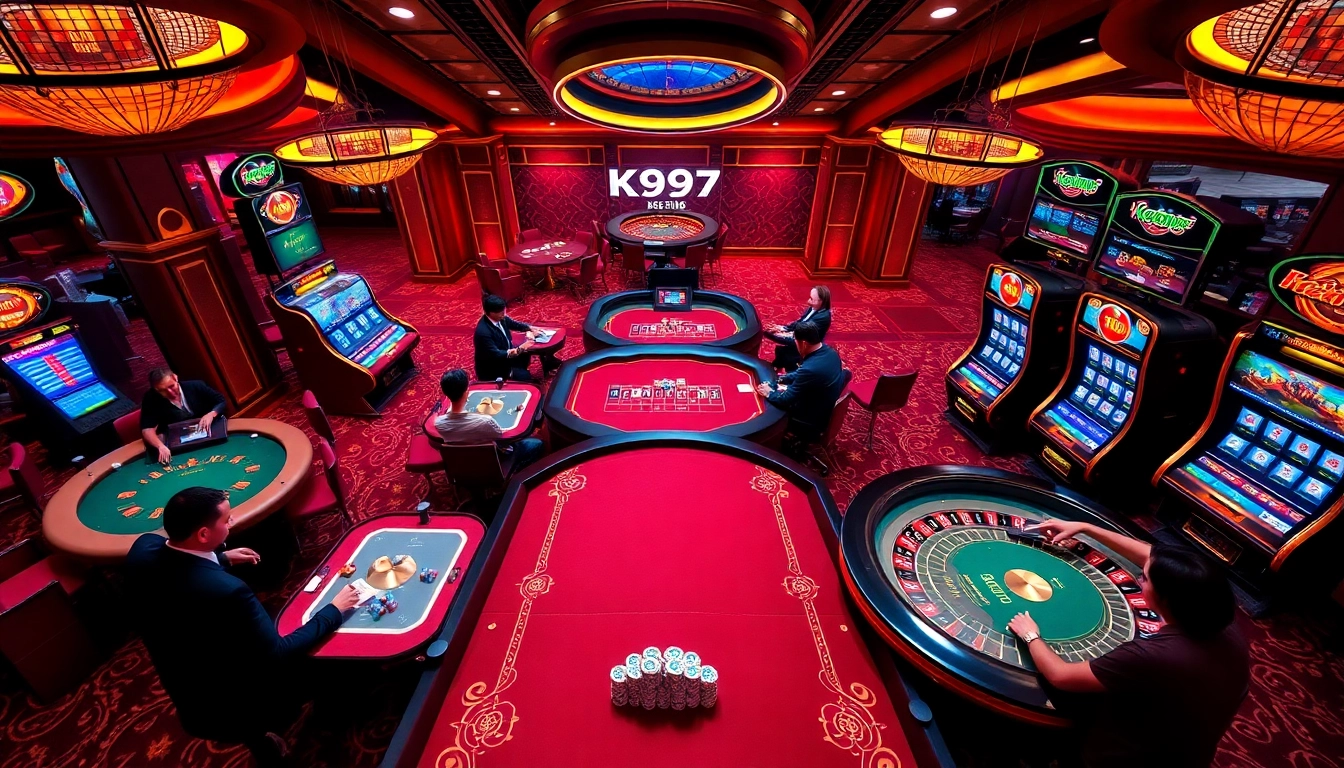 Apostadores online no K997 vivenciam emoção em uma mesa de cassino luxuosa com jogos vibrantes.