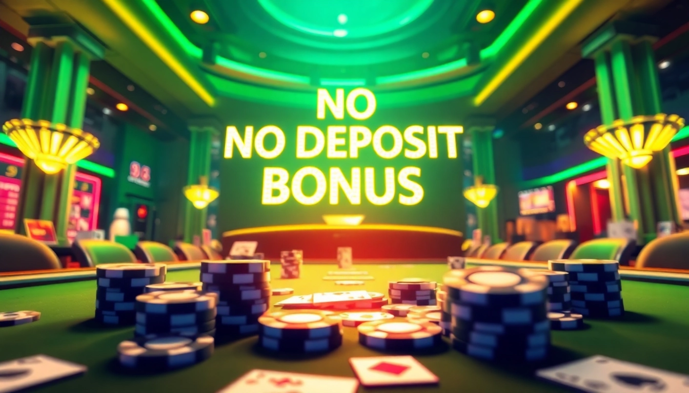 Verlockender casino bonus ohne einzahlung neu auf einem grafischen Plakat in einem bunten Kasino-Hintergrund.