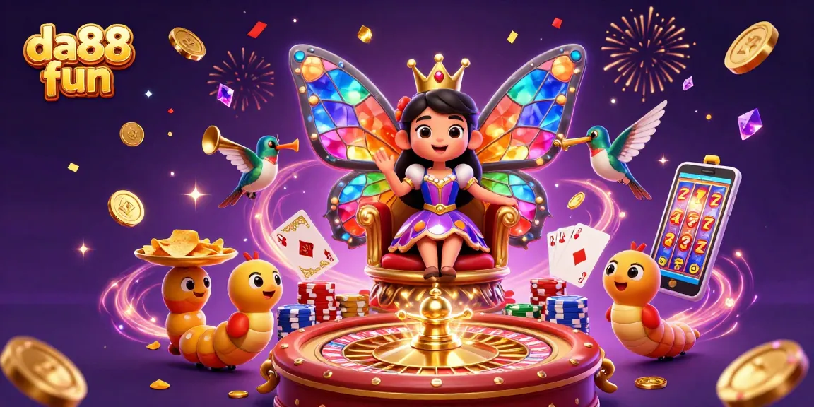 Experience da88 fun with a magical 3D casino scene full of butterflies, chips, and vibrant colors.