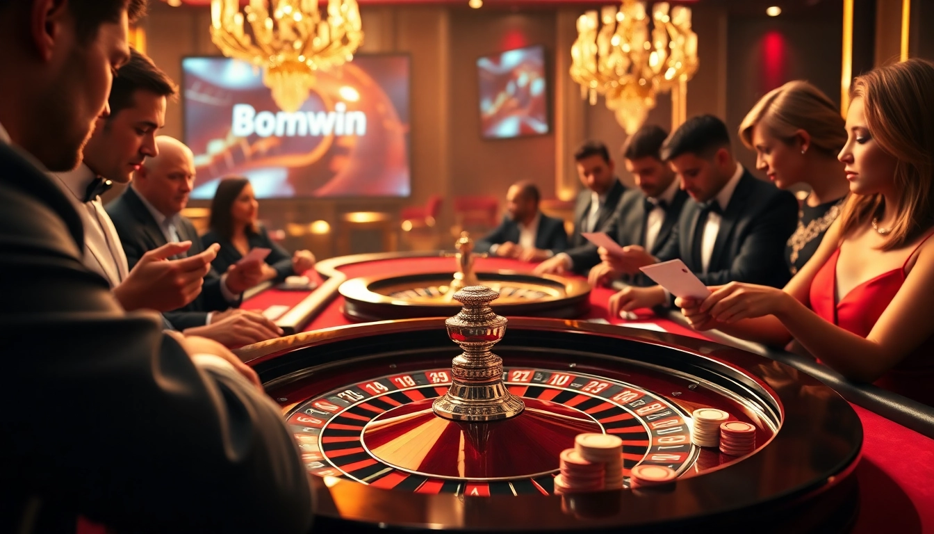 Exciting gameplay on the Bomwin platform with vibrant casino elements like poker tables and roulette wheels.