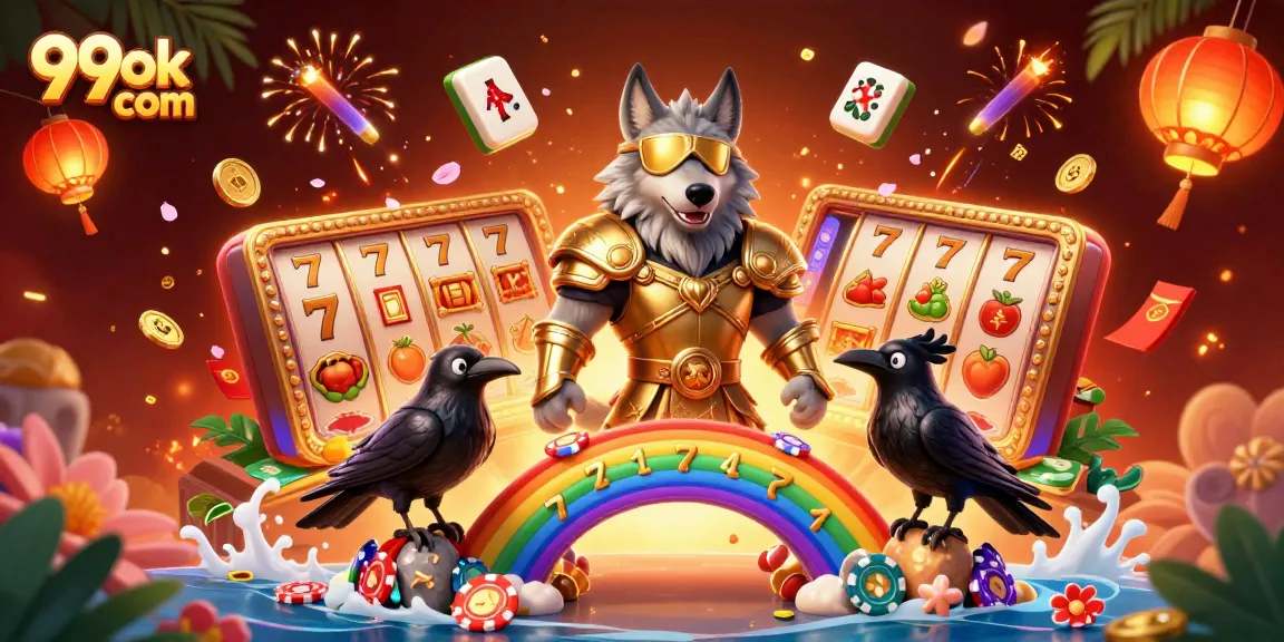 Experience thrilling slots at 99ok com with vibrant 3D casino illustration art.
