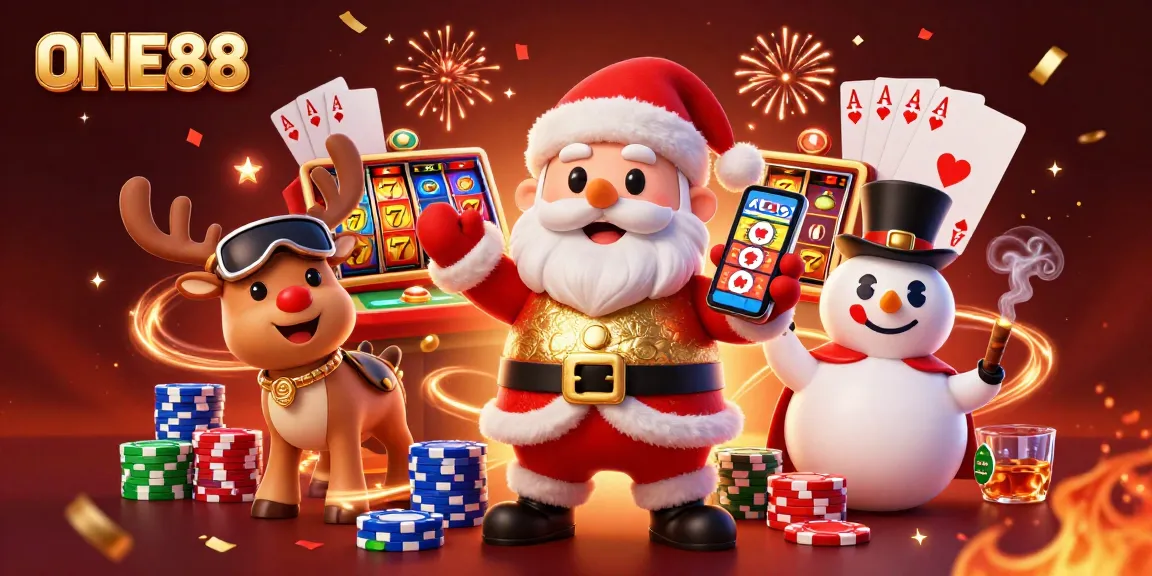 Experience thrilling wins at ONE88 with Santa and friends in a vibrant casino scene.
