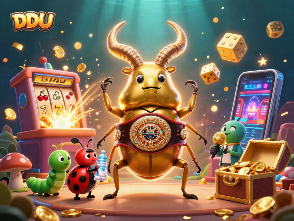 Experience DDUU's thrilling jackpot action with a vibrant 3D casino illustration featuring a stag beetle and ladybug.