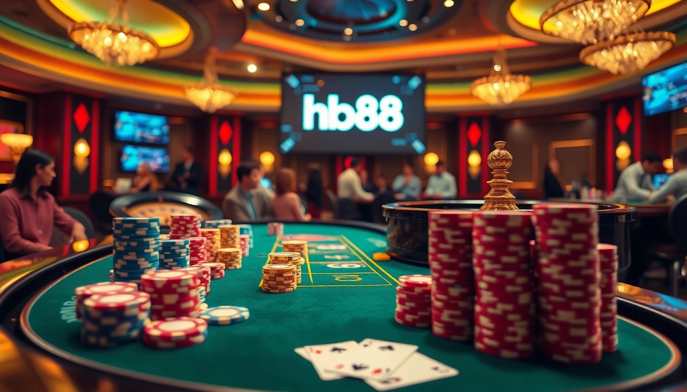 Players enjoying a game at hb88 casino, featuring vibrant poker chips and a roulette wheel.