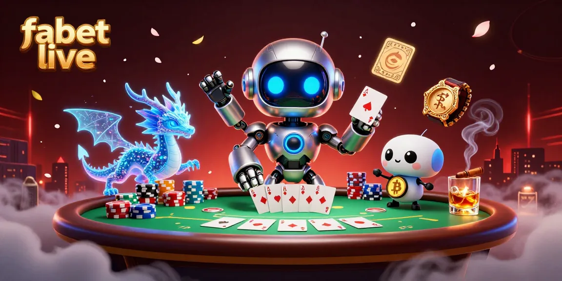 Play fabet live with an energetic 3D cyberpunk robot and companions at a vibrant casino table.