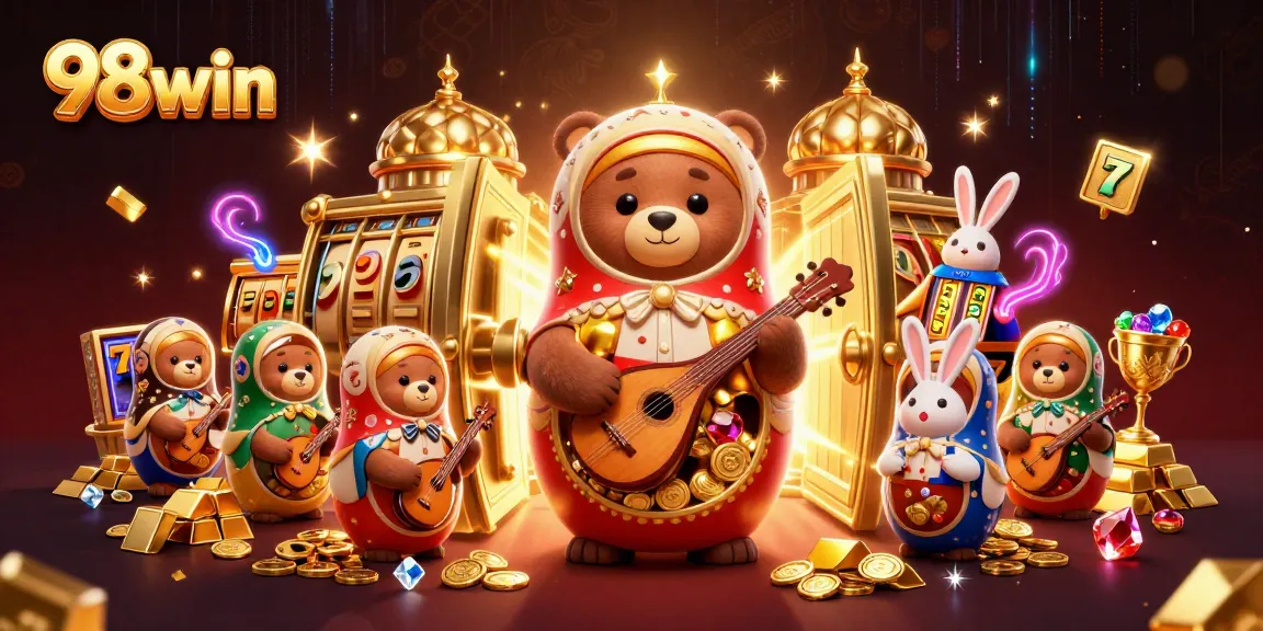 Experience the excitement of 98win with vibrant casino characters amidst gold treasures.