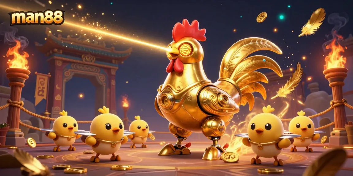 Experience thrilling bets at man88 casino with a vibrant display of golden elements and animated characters.