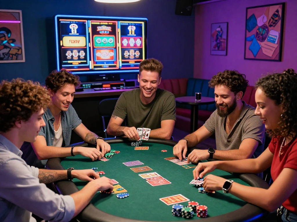 Exciting friends enjoying vin88 casino games around a colorful table in a lively environment.
