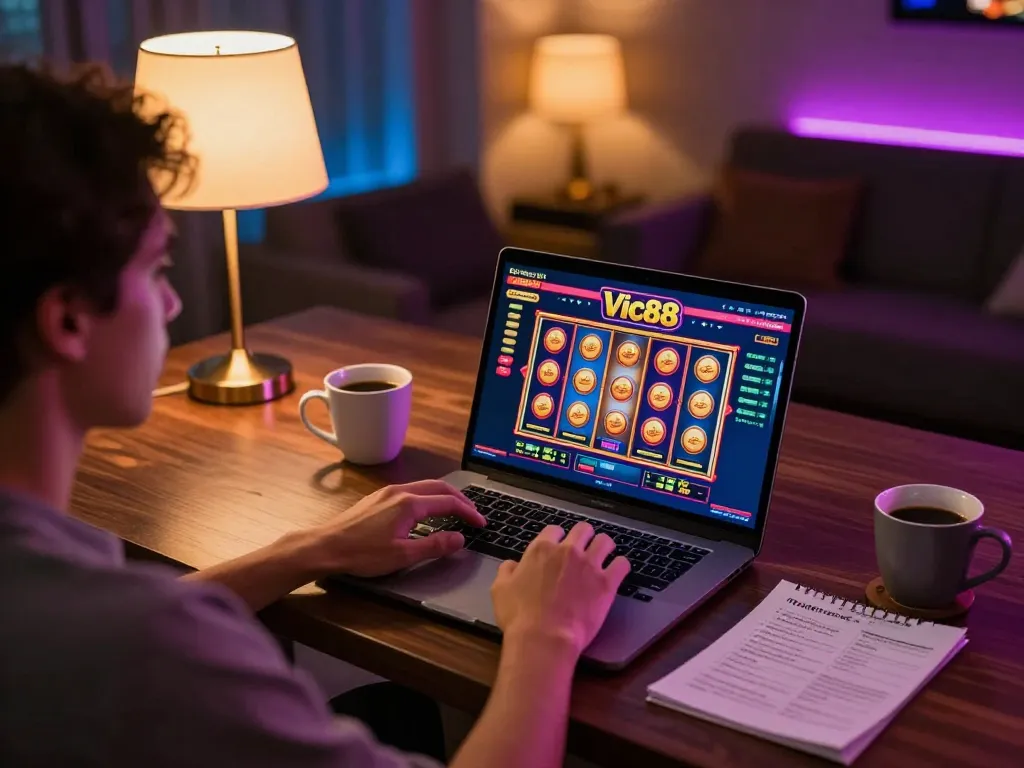 The player enjoys online gaming with nhà cái VIC88, showcasing an immersive casino experience on laptop.