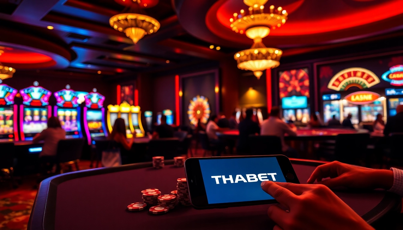 THABET players enjoying a vibrant gaming atmosphere with poker tables and slot machines.