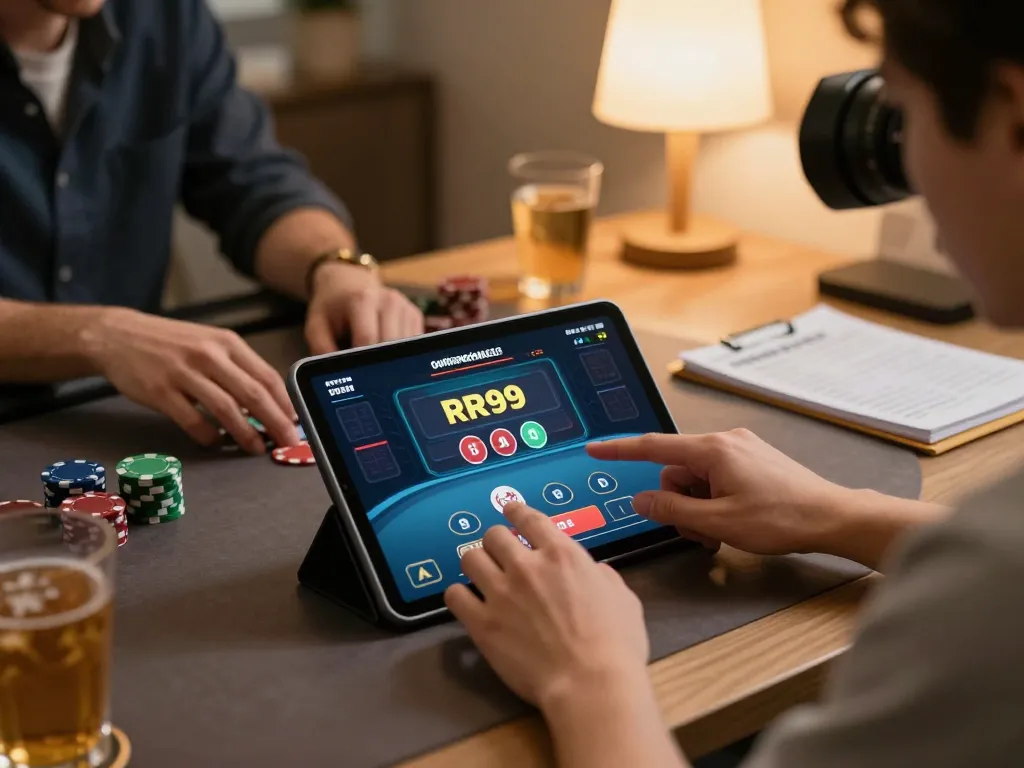 Engaged player betting on live poker using RR99 COM on tablet in cozy home setup.