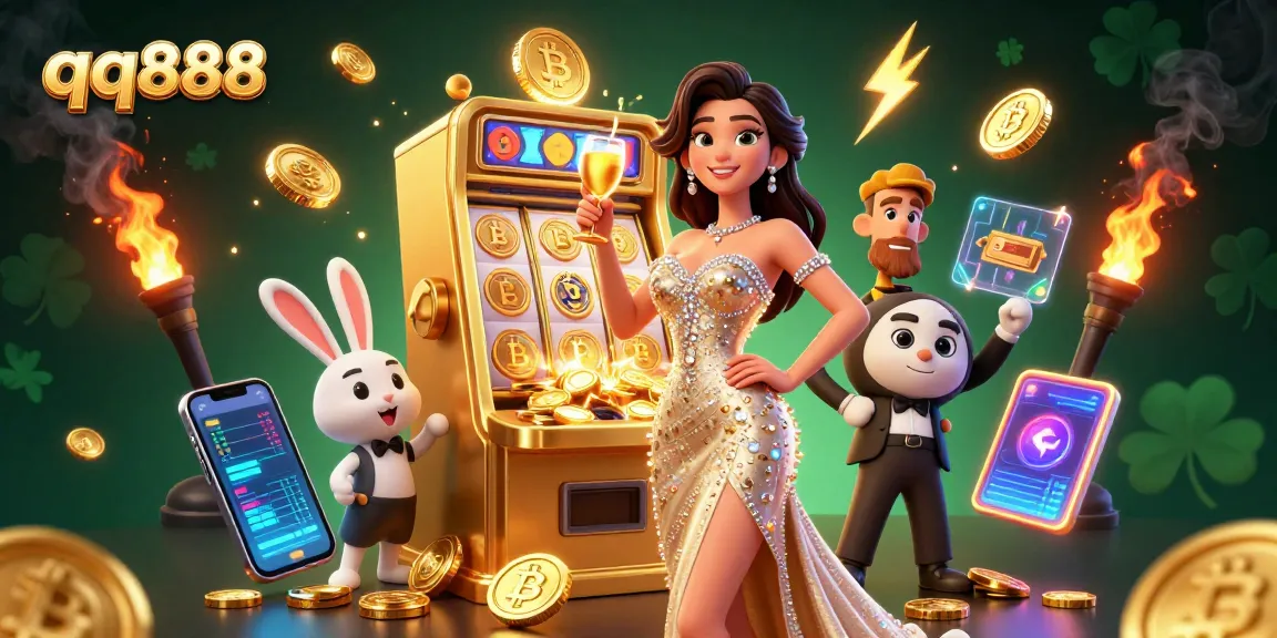 Desfrute de uma experiência de jogo excepcional no qq888 com uma mulher glamourosa, máquina caça-níquel e elementos vibrantes de criptomoedas.