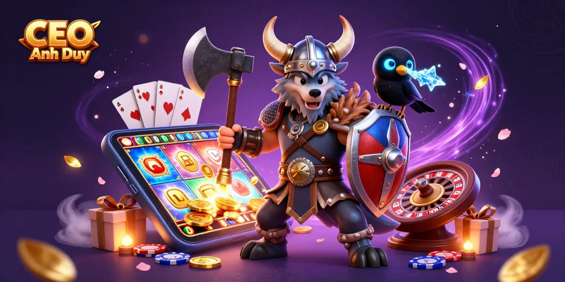 Engage with CEO Anh Duy amidst thrilling casino action featuring slot games, dragons, and vibrant prizes.