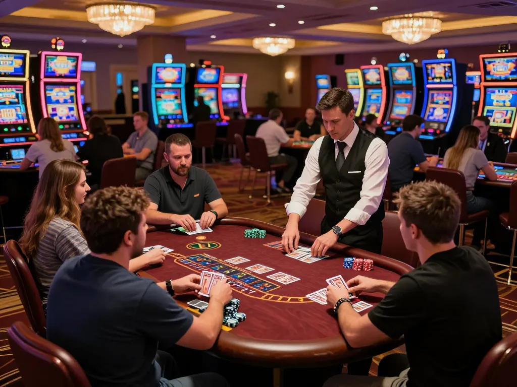 Players engaging in high-stakes blackjack at Go8 casino table, vibrant atmosphere and strategic betting actions
