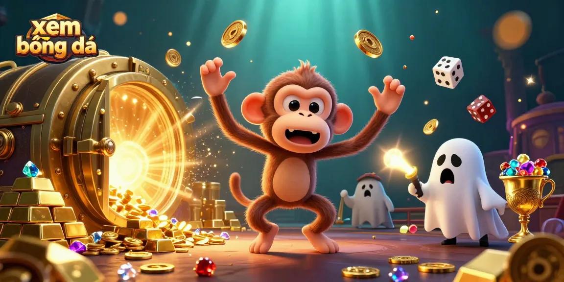 Xem bóng đá with a lively poltergeist monkey juggling gold coins and a curious puppy in a haunted casino environment.