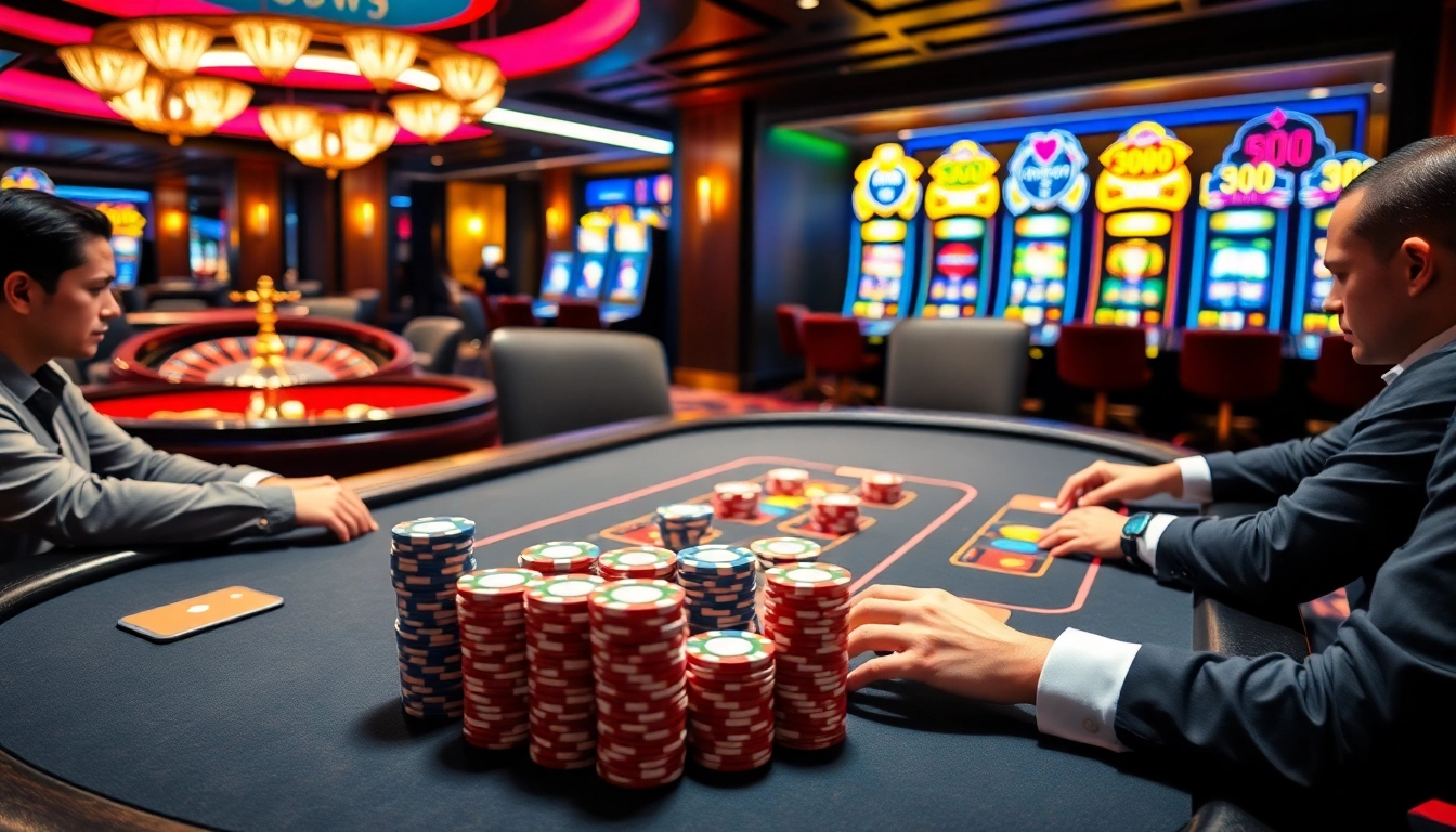 Experience a thrilling poker game at a 399w-themed casino table with vibrant lights.